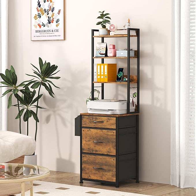 GYIIYUO 2 Drawer File Cabinet with 24'' Extended Desktop 3 Drawer Tall File Cabinet with Charging Station
