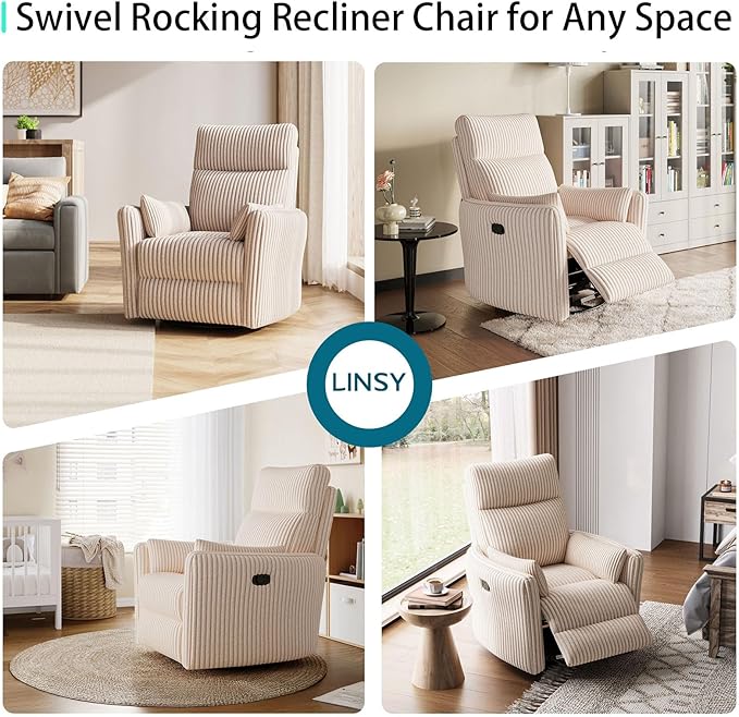 LINSY 360 Swivel Recliner Chair Nursery Glider Rocking Chair with 2 Pillows Corduroy Nursing Chair Comfy High Back Adult Rocker Recliner for Small Spaces Nursery Bedroom Living Room (Beige)
