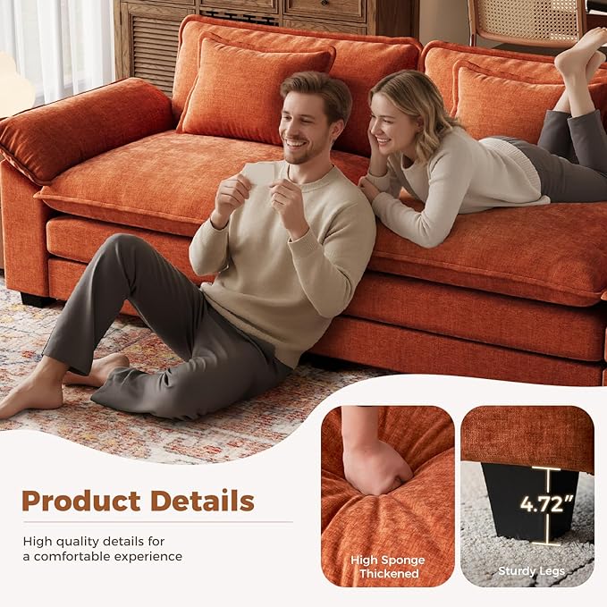 CDCASA 120 Modular Sectional Sofa Comfy Cloud Couch Oversized 3-Seater Chenille Deep Seat Sofa Bed for Living Room DIY Combination Terracotta Orange
