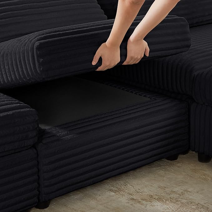 VANOMi 82 Modular Sectional Sofa Bed with Storage Ottomans Convertible Comfy 4-Seater Corduroy Cloud Couch Modern Sleeper Chaise for Living Room (Black Sleeper Bed-3)