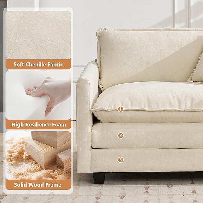Setawix Modern Modular Sectional Sofa 78 Upholstered Chenille Loveseat with Movable Ottoman Comfy L-Shaped Sofa Oversized Deep Seat Cloud Couch with 2 Throw and Arm Pillows for Living Room Beige