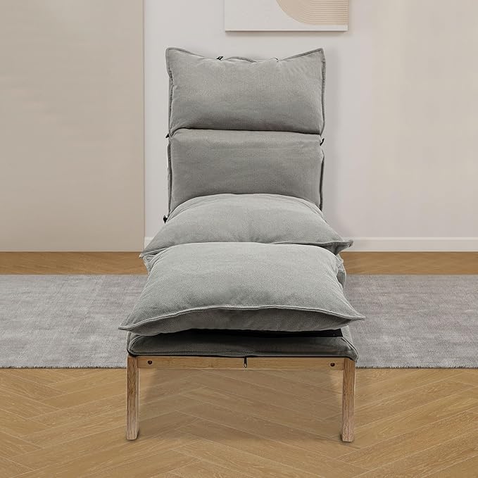 Single Lazy Leisure Chair Adjustable Recliner Balcony Reclining Japanese Tatami Chair with Ottoman Floor Seating Lounge Chair with Backrest and Footrest Upholstered Chair for Living Bedroom (Grey)