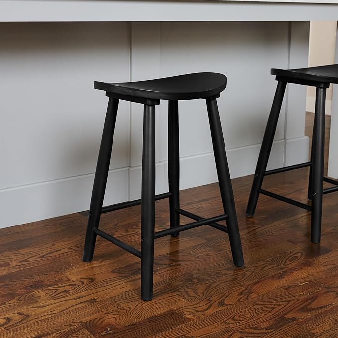 Maven Lane Luna Counter Stool – 26 Inches – Round Stool with Footrest – Black Solid Wood – Space-Saving Design for Kitchen Counters &amp Islands Ideal for Apartments Dorms &amp Compact Living