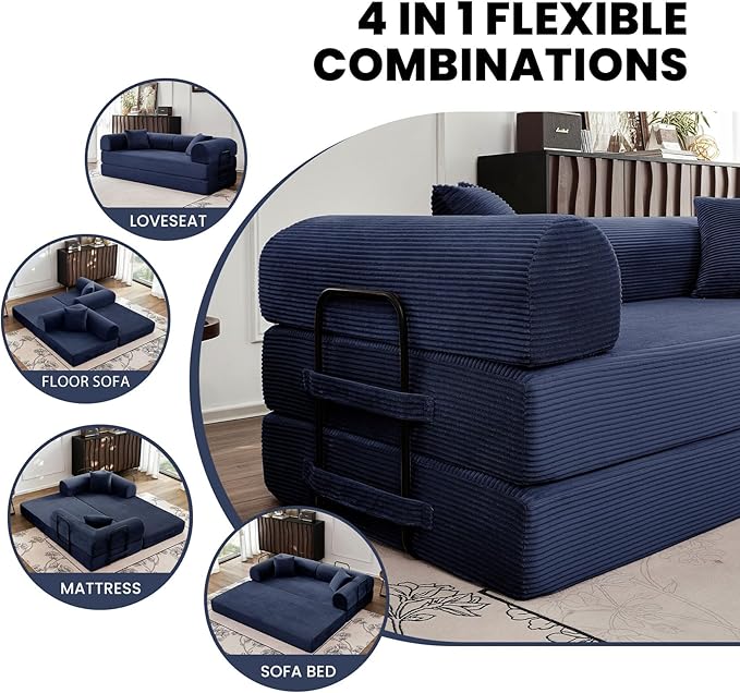 79 5-in-1 Convertible Sofa Bed Premium Sleeper with Reinforced Frame &amp Plush Corduroy No Assembly Modern Couch for Lounge Living Room &amp Guest Room Blue