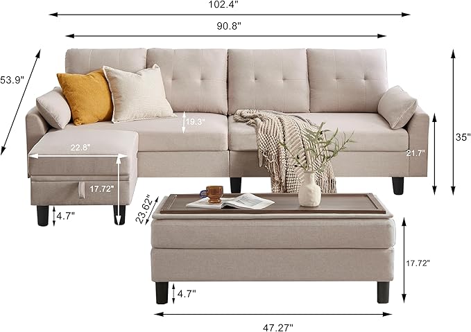 Convertible Sectional Sofa Modern L Shaped CouchLinen Fabric 4-Seat Sofa Set with Storage Ottoman and Coffee Table for Living RoomBeige