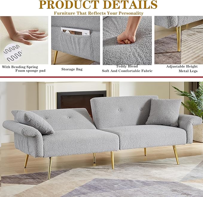 69.5 Grey Convertible Futon Sofa Bed with Adjustable Backrest and Armrests Teddy Upholstered Loveseat Sleeper Couch with 2 Pillows and Metal Legs Love Seat for Guest Room Living Room (Grey)