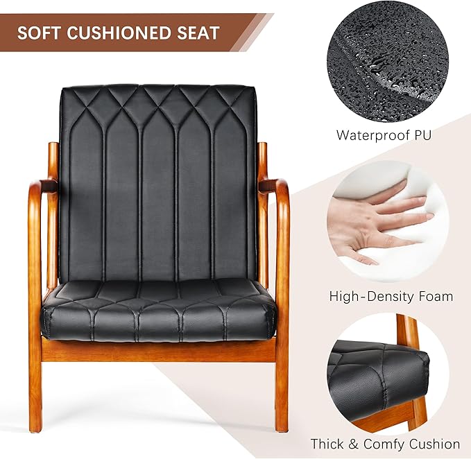 VECELO Mid-Century Modern Accent Chair with Faux Leather Cushion &amp Solid Wood Frame Lounge Armchair for Living Room Bedroom Office Black