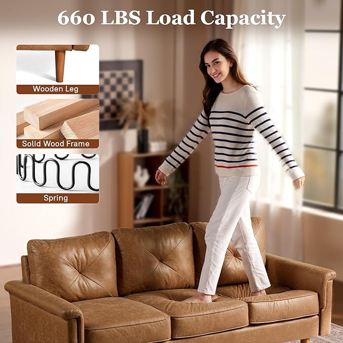 71 Faux Leather Couch Small 3-Seater Mid-Century Modern Sofas for Living Room Deep Seat Upholstered Sofa with Comfy Cushions for Apartment Light Brown