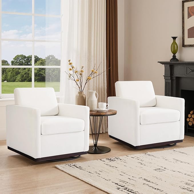 Swivel Barrel Accent Chair Mid Century Modern Arm Chair for Living Room Bedroom Comfy Club Reading Lounge Sofa Corner Chairs for Adults (Chenille Beige Set of 2)