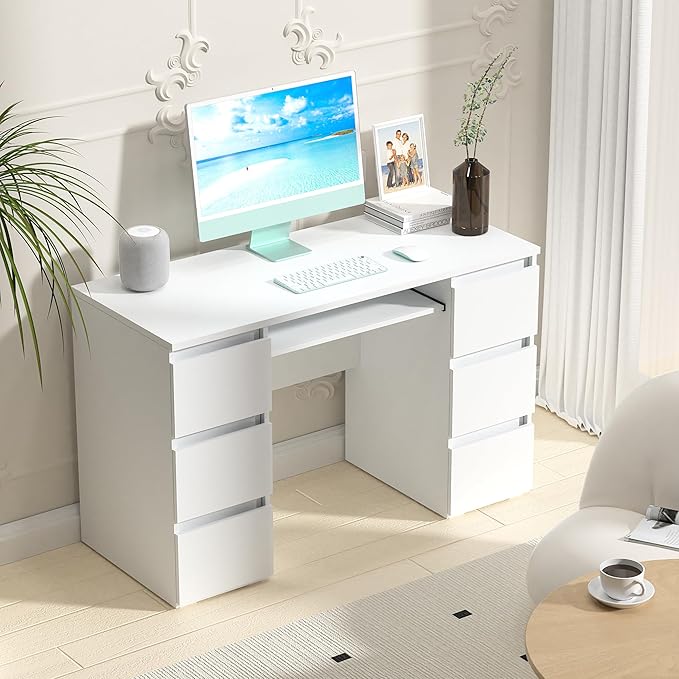 White Desk with Drawers Computer Desk for Bedroom Home Office Table with Storage 47 Inch Writing Wood Desks Executive Desks Workbench Study Counter Small Gaming Table White
