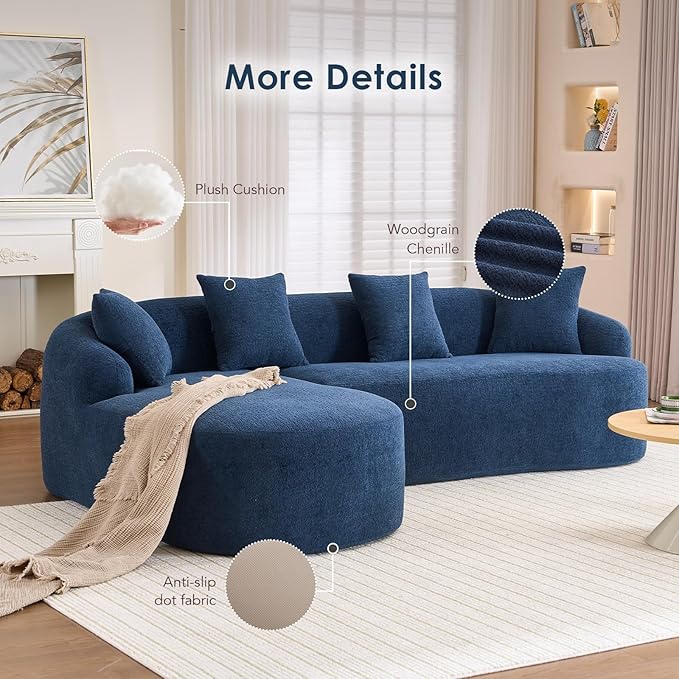 Curved Sectional Sofa Couch Oversized L Shape Deep Seat Cloud Couch Modern Chenille 4-Seater Sofa with Chaise No Assembly Required Couches for Living Room Apartment Office Navy Blue