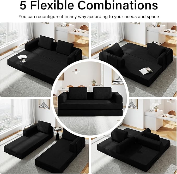 78'' Sleeper Couch Bed for Living Room Convertible Modular Sofa with Fixed Frame &amp Side Pocket Corduroy Futon Boneless Couches in a Box No Assembly Black