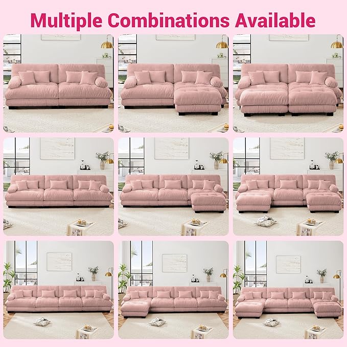 U Shaped Couch Modular Sectional Sofa Modern Deep Seat Cloud Couch 3-Seater Modular Couches for Living Room Comfy Chenille Sofa Bed with Round Armrests 5 Pillows Pink Sofas for Bedroom