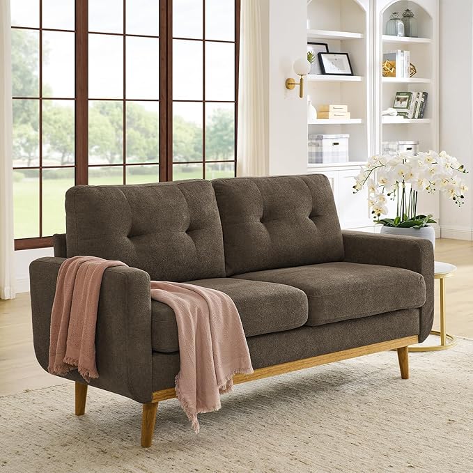 65 W Brown Loveseat Sofa Mid Century Modern Love Seat Couches for Living Room Button Tufted Upholstered Small Couch for Bedroom Solid Wood Legs and Easy to Install Love Seats Furniture (Brown)