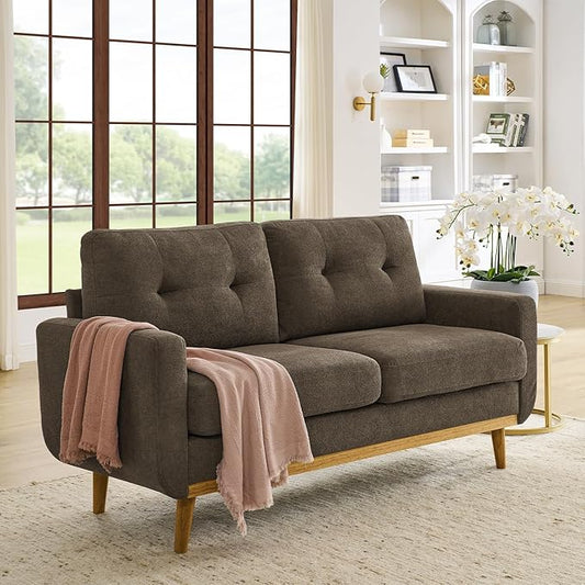 Brown 67 Loveseat Sofa Couches for Small Spaces Mid Century Love Seat Couches for Living Room Upholstered 2-Seater Small Couch for Bedroom ApartmentSolid Wood Legs Easy Assembly (Brown)