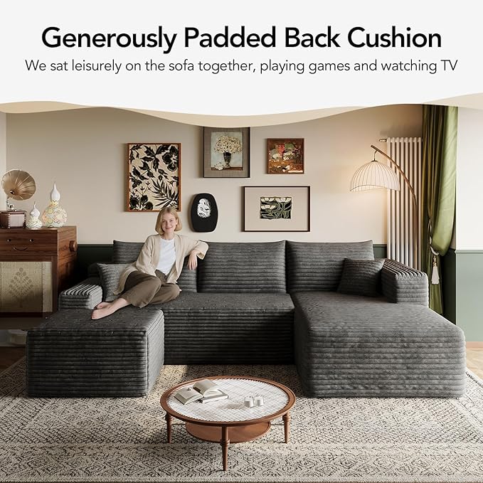 96 U-Shape Boneless Modular Sectional Cloud Couch with Chaise -Modern Comfy Corduroy couches for Living Room-Memory Foam SofaNo Assembly Required(Dark Grey96 Right Facing Chaise+Ottoman)