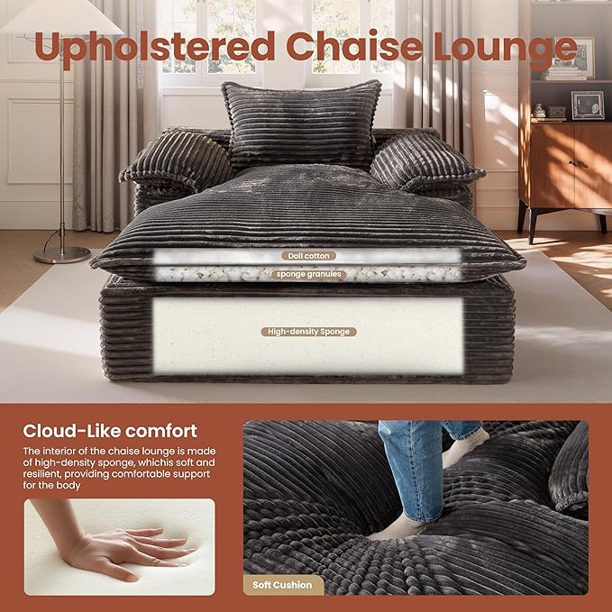 ovios 67 Boneless Lounge Chaise with Cloud Plush Sofa Bed No Assembly Required Fluffy Modern Sleeper Single Chair for Indoor Living Room Bedroom Reading (Grey (Plush Corduroy Fabric)) | No Assembly