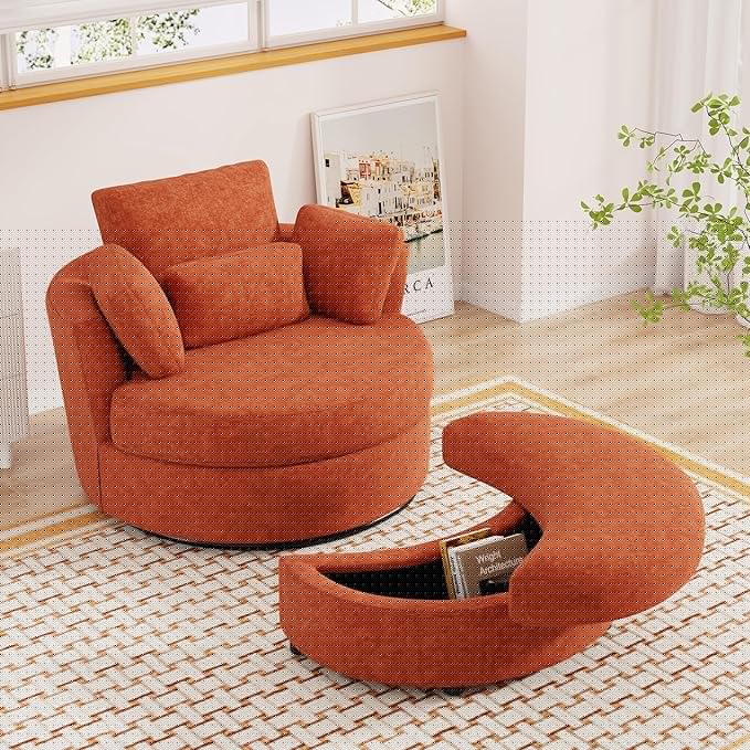 Oversized Swivel Accent Chair with Half Moon Storage Ottoman 42 W Chenille Round Swivel Barrel Chair Modern Upholstered Comfy Single Sofa Armchair for Living Room Bedroom Club(Orange)