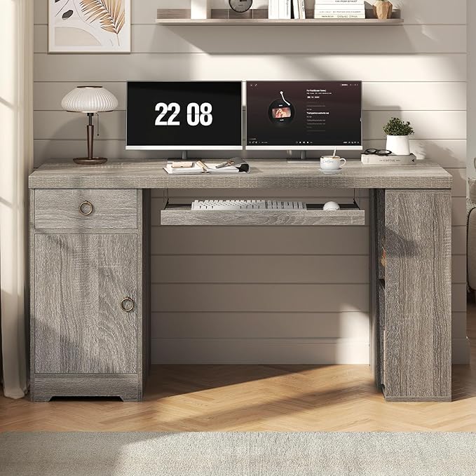 HSH 55 Office Computer Desk with Drawers Farmhouse Grey Executive Desk with Storage Shelves and Cabinet Modern Wooden Computer Table Teacher Desks with Keyboard Tray for Home Writing Work Study