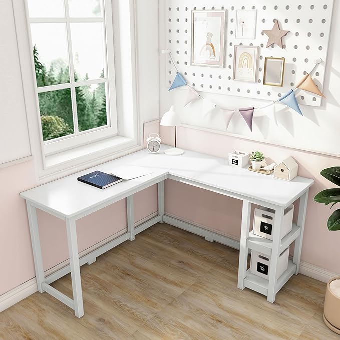 Max &amp Lily L Shaped Desk Corner Desk for Home Office Gaming Computer with Storage Shelves 55 x 55 Inches White