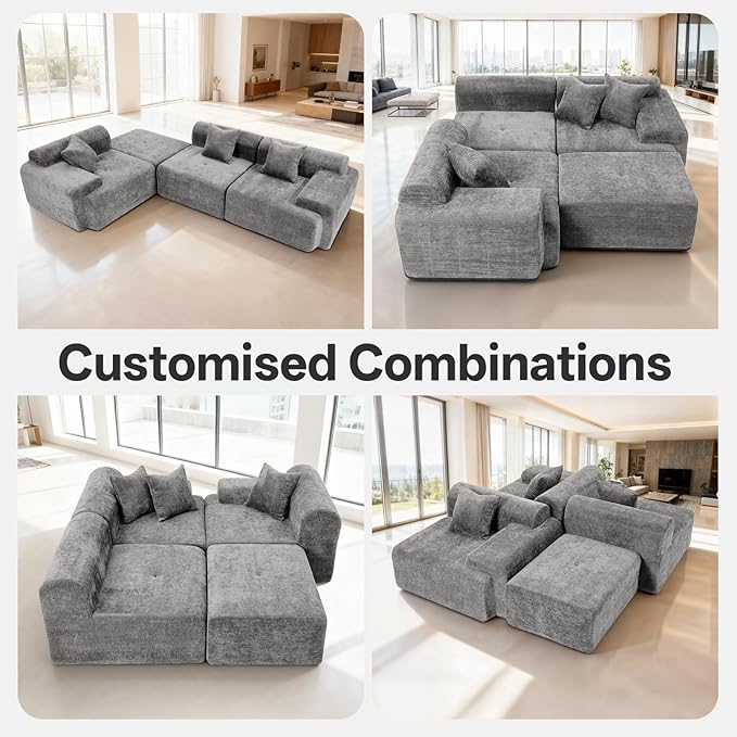 118 Cloud Sectional Couch for Living Room Boneless 4-Seater Lounge Couch with Deep Seat and Movable Ottoman Gray