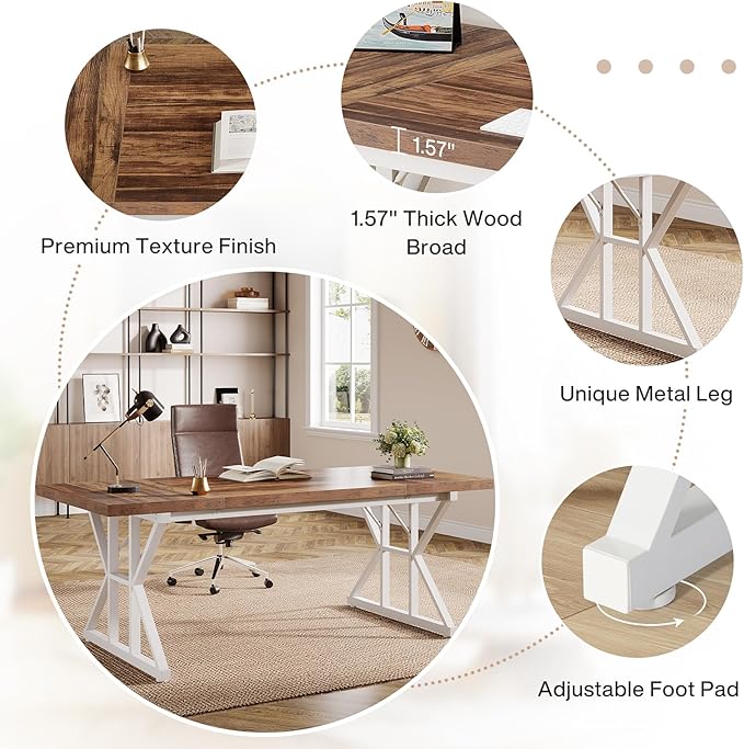 Tribesigns 70.86-Inch Large Executive Desk Industrial Home Office Computer Desk Simple Long Writing Study Table Business Furniture (Brown-White)
