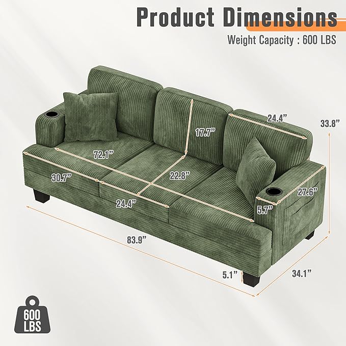YESHOMY Couches for Living Room Comfy Corduroy Cloud Couch 3 Seater Sofa with Deep Seat Modern Couch with 2 Pillows and 2 Cup Holders for Apartment (Green) | Deep Seat Cloud Cousion Soft Pillows