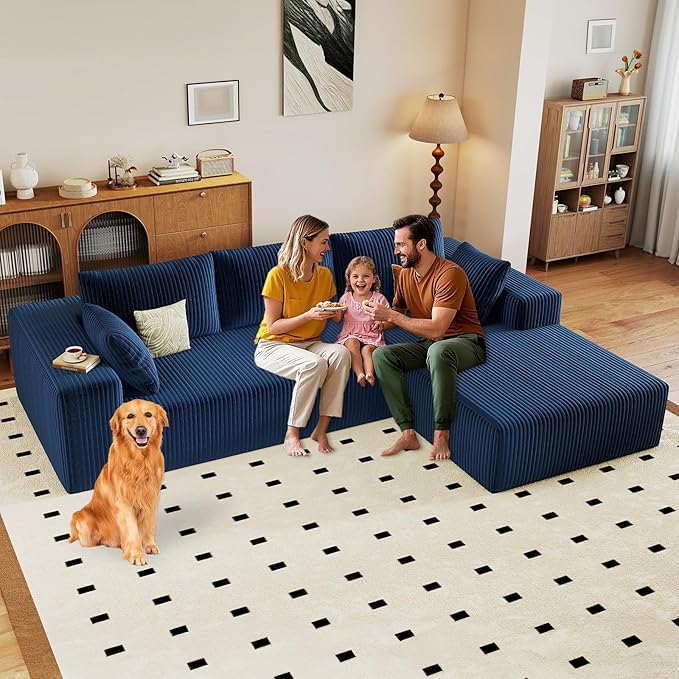 96 Modular Sectional Sofa Modern Corduroy Cloud Couch with Deep Seat Boneless Couch Upholstered 3-Seater L-Shaped Sofa for Living Room No Assembly Required (Blue Right-Facing Chaise)