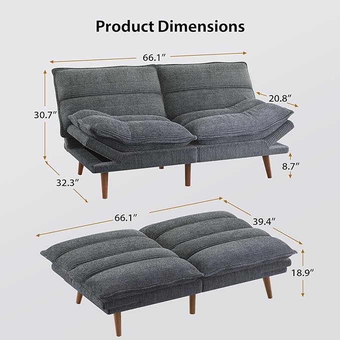 Pipishell Futon Sofa Bed Convertible Futon Adjustable Backrest &amp Armrests Corduroy Sleeper Couch for Small Spaces Living Room Office Guest Room (Asphalt Grey 66 Inch)