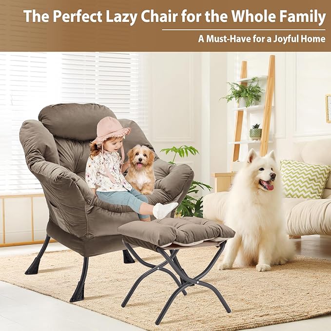 Lazy Chair with Folding Ottoman Accent Chair Velvet Upholstered with Metal Structure and Non-Slip Pads Sofa Armchair with Footrest and Side Storage Bag for Dorm Room Office Dark Gray