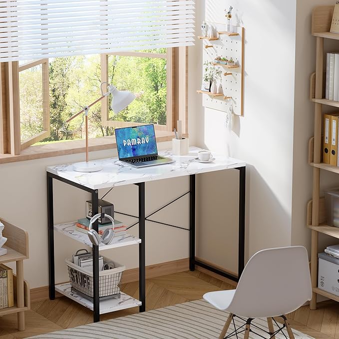 Pamray 32 Inch Small Computer Desk with Shelves Home Office Desk with Headphone Hook for Bedroom Study Writing PC Table for Small Spaces Marble