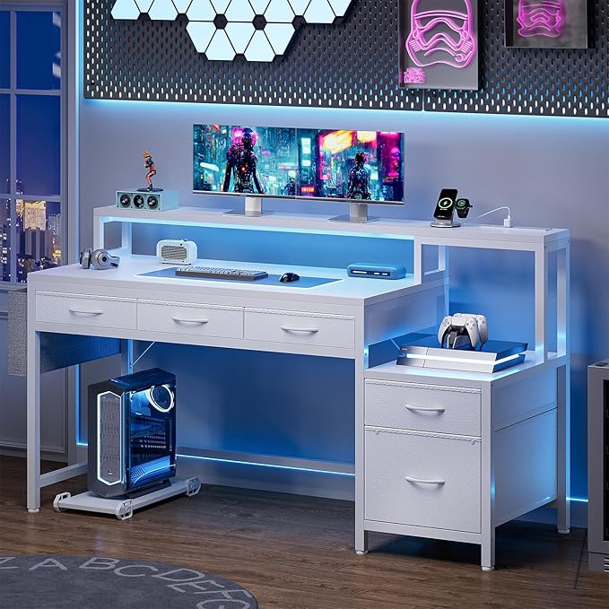 REAHOME 61 Inch Gaming Desk with Charging Station and LED Lights Reversible Computer Desk with Storage Drawer and Monitor Stand Modern Desk Table with File Cabinet &amp Side Pocket Carbon Fiber Wh
