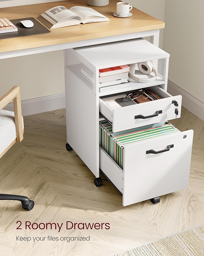 VASAGLE File Cabinet Mobile Filing Cabinet with Wheels 2 Lockable Drawers Open Shelf for A4 Letter Size Hanging File Folders Cloud White UOFC077W14