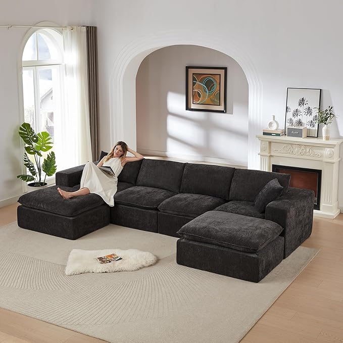 Luxury Modular Sectional Sofa with 2 Ottomans 6-Piece Oversized Cloud Couch Black Chenille Fabric Boneless Sofa for Living Room &amp Bedroom | Boneless Couch Chenille Fabric Sectional Sofa