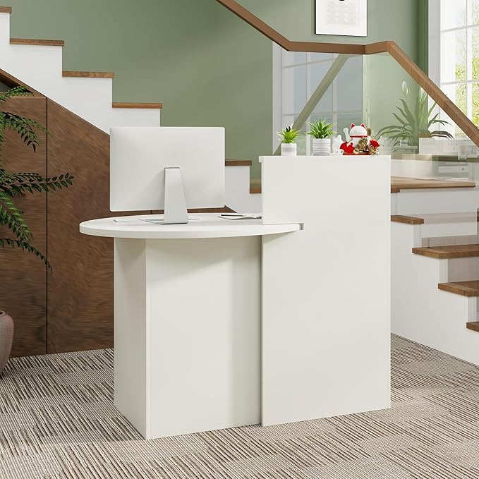 Reception Desk Small Retail Checkout Counter with Lockable Drawer and Open Shelves Wooden Front Desk Reception Counter Oval Desktop &amp L Counter for Store Office Lobby Salon (White)