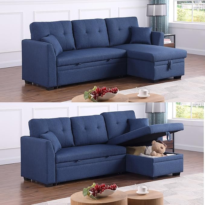 BEEY Sleeper Sofa Bed 82 Small Convertible Sectional Sofa Couch with Storage Chaise L Shaped Couch with Pull Out Bed for Bedroom Living Room (Navy_Blue_2)