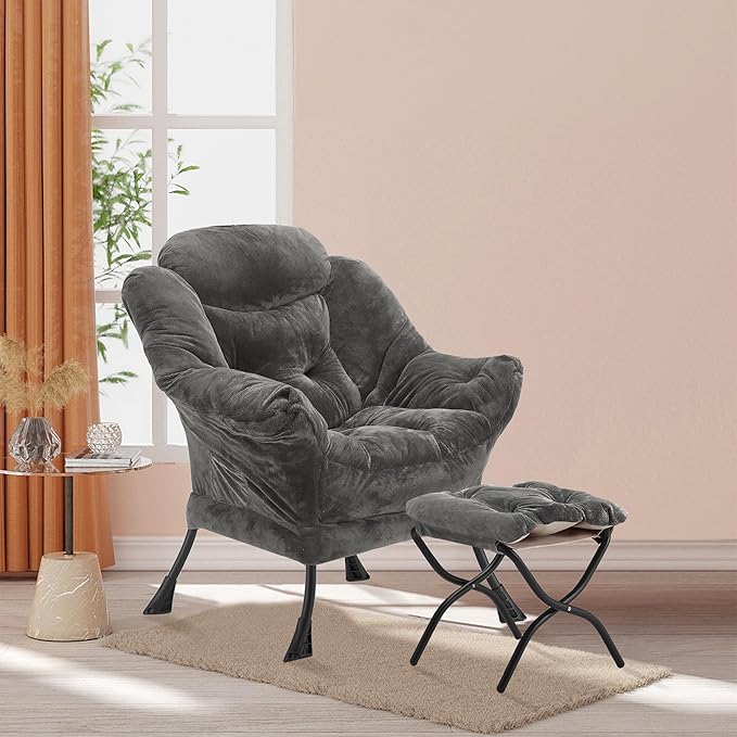 Lazy Chair with Folding Ottoman Accent Chair Plush Upholstered with Metal Structure and Non-Slip Pads Sofa Armchair with Footrest and Side Storage Bag for Dorm Room Office Dark Gray