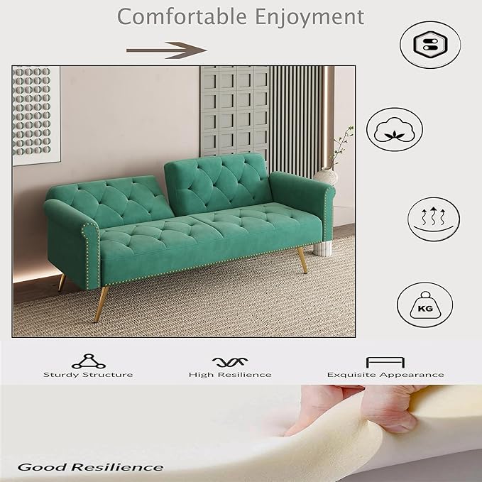 Modern Velvet 2 in 1 Futon Sofa BedConvertible Folding Sleeper Bed Couches with 2 Pillows73 Tufted Recliner Love Seat with Golden Chrome Legs for Living Room Apartment Office (Green)