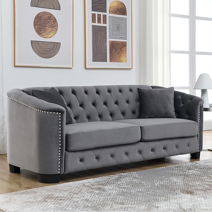 mikibama Modern Chesterfield Velvet Sofa 77 Inch Sectional Sofa Luxury 3 Seater Upholstered Tufted Couch with Nailhead Arms and 2 Pillows for Living Room Bedroom Apartment(Grey)