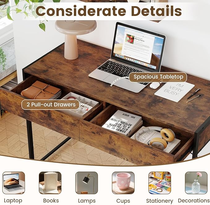 LDAILY Computer Desk with 2 Drawers 44 Inch Home Office Desk with Sturdy Steel Frame &amp X-Bracket Support Spacious Study Writing Workstation Table for Bedroom or Small Spaces (Rustic Brown)