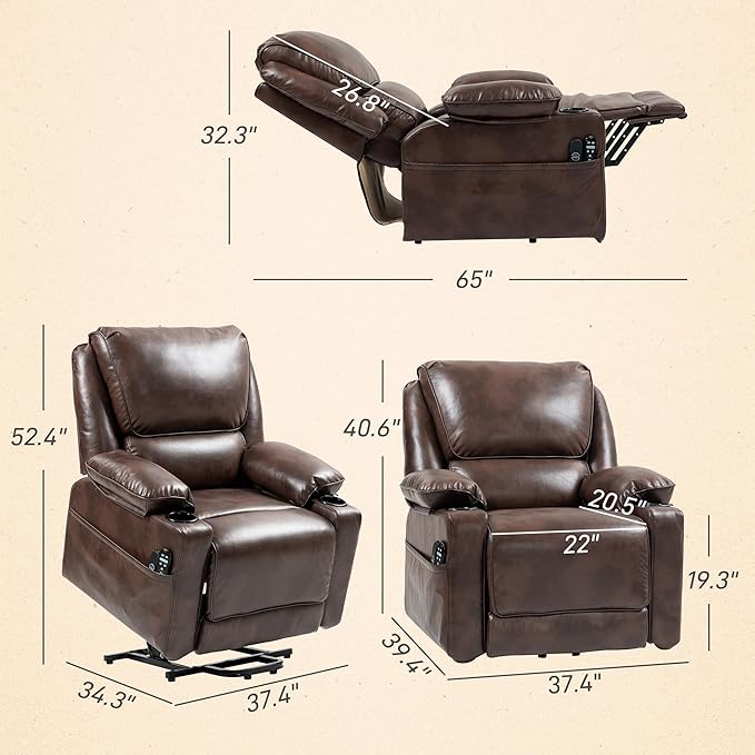 HOMCOM Power Lift Recliner Chair for Elderly Wide Faux Leather Lift Chair with Vibration Massage and Heat Overstuffed Reclining Single Sofa with Remote USB Port Side Pockets Brown