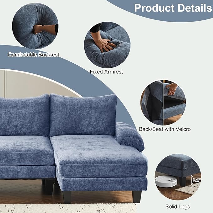 Karl home 111 Sectional Sofa U-Shaped 4-Seat Couch with Chaises Wood Grian Legs Chenille Fabric Upholstered for Living Room Apartment Office Navy Blue