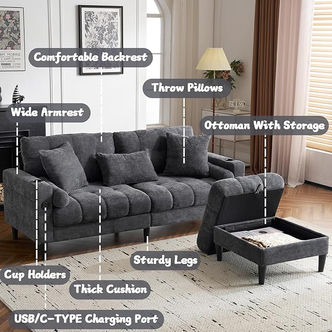77 Grey L Shaped Couch with Storage Ottoman Chenille Small Sectional Couches with 2 Cup Holders &amp Charging Station for Small Space Comfy Cloud Sectional 3 Seater Couch (Grey)