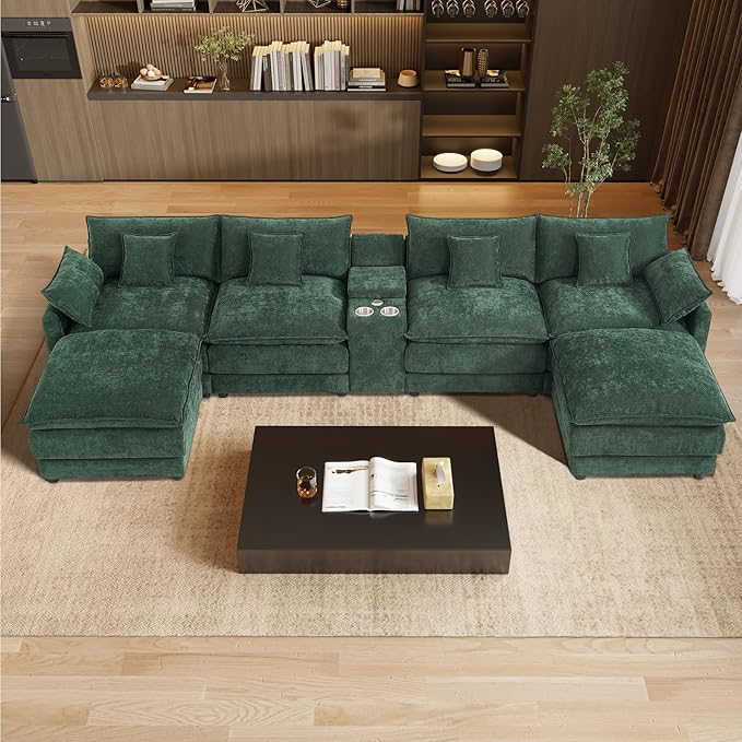 145 Oversized Modular Sectional Sofa U Shaped Cloud Couch Modern 6 Seat Sofa Set for Living Room Comfy Chenille Deep Seat with Storage Central Console Movable Ottomans Cup Holders USB Ports Green