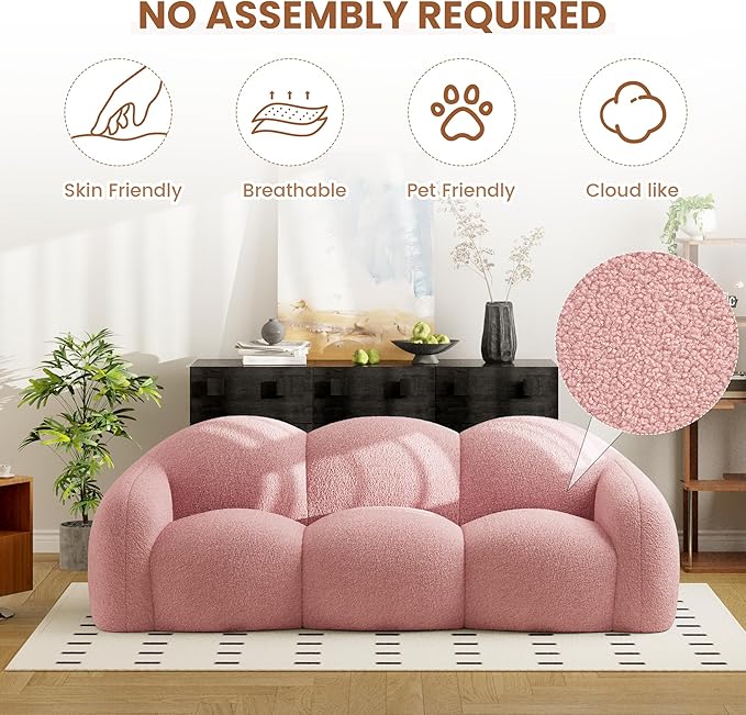 90.55 Inches 3-Seater Sofa Couch Modern Teddy Plush Boneless Sofa in a Box Soft Couches for Living Room Apartment No Assembly for Small Spaces Pink