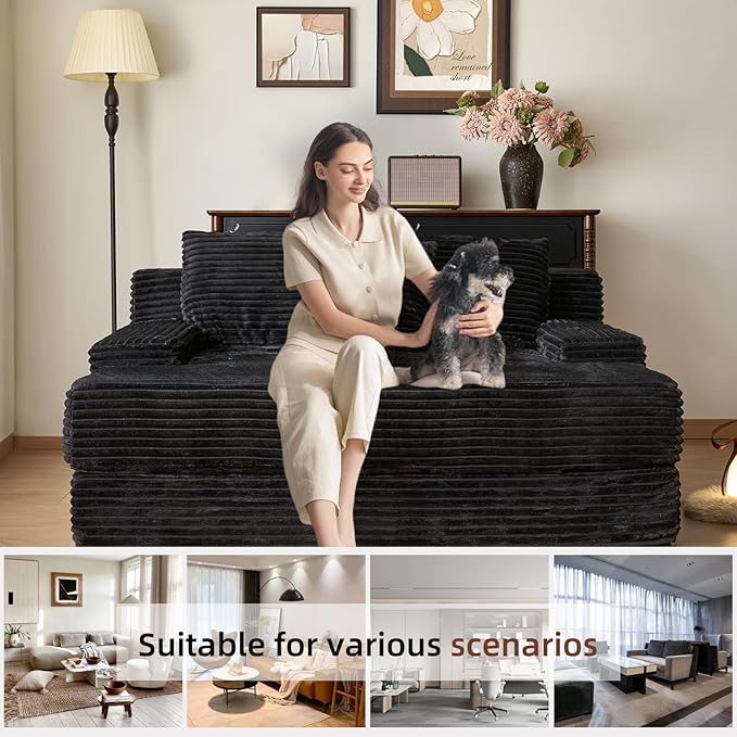 67'' Chaise Lounge Chair Indoor Oversized Upholstered Sofa Bed Modern Deep Seat Sofa Comfy Corduroy Sleeper Couch for LivingroomBedroomNo Assembly (Black)