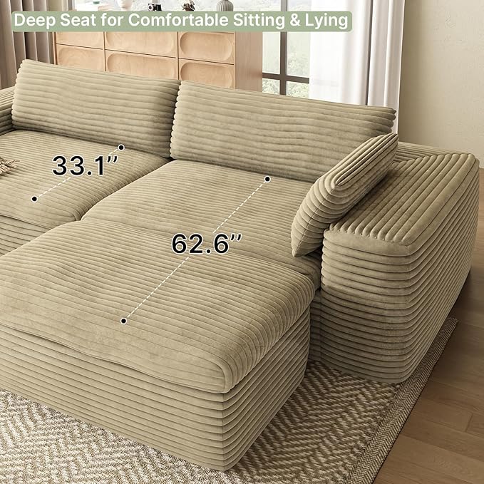 85'' Chaise Lounge Chair Indoor with Double Layer Seat Cushion Boneless Sectional Couches for Living Room with Ottoman Plush Corduroy Sofa Bed Cloud Couch No Assembly(Beige)