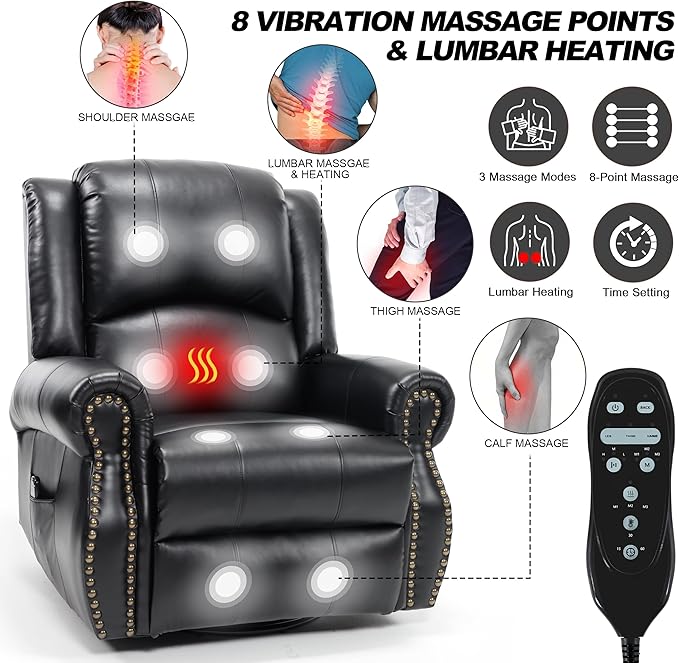 Leather Manual 360° Swivel Rocker Recliner for Adults Gulider Reclining Chair for Living Room with Vibration Massage and Lumbar Heat Side Pockets Faux Leather Black