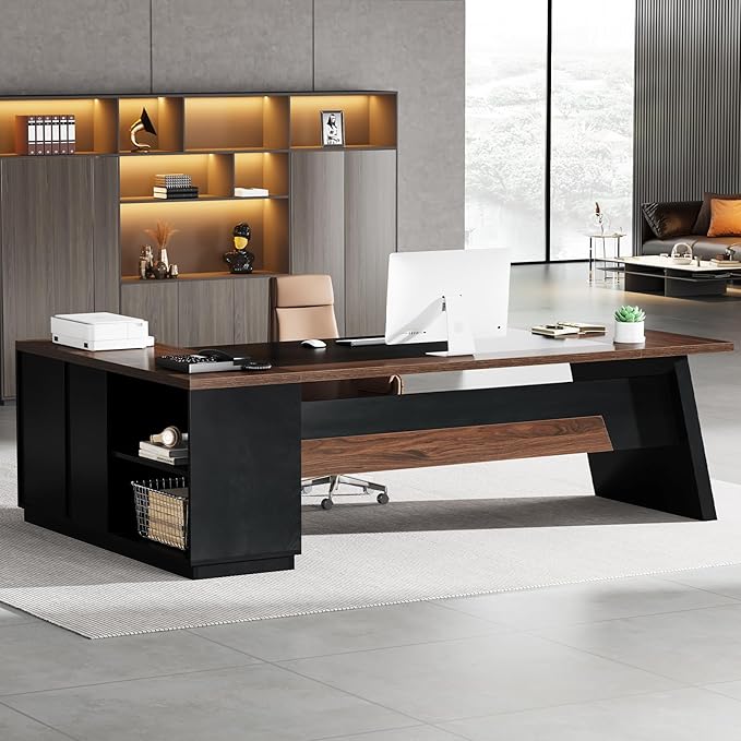 Tribesigns L-Shaped Executive Desk 78-Inch Large Office Desk with Drawers and Lateral File Cabinet Modern Business Furniture with Storage Shelves Workstation for Home Office (Walnut + Black)