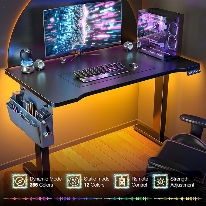 EnHomee Electric Standing Desk with LED Lights48 x 24 Inch Height Office Desk with 3 Memory Preset Adjustable Computer Desk with Storage Side Pocket and Cable ManagementBlack